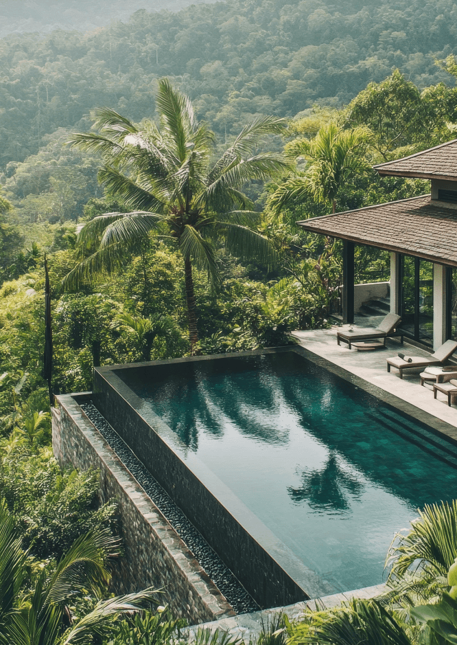 Tropical villa pool surrounded by palm trees